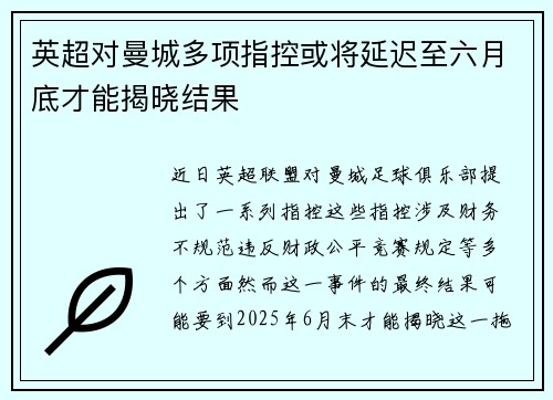 英超对曼城多项指控或将延迟至六月底才能揭晓结果