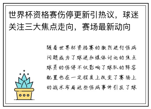 世界杯资格赛伤停更新引热议，球迷关注三大焦点走向，赛场最新动向